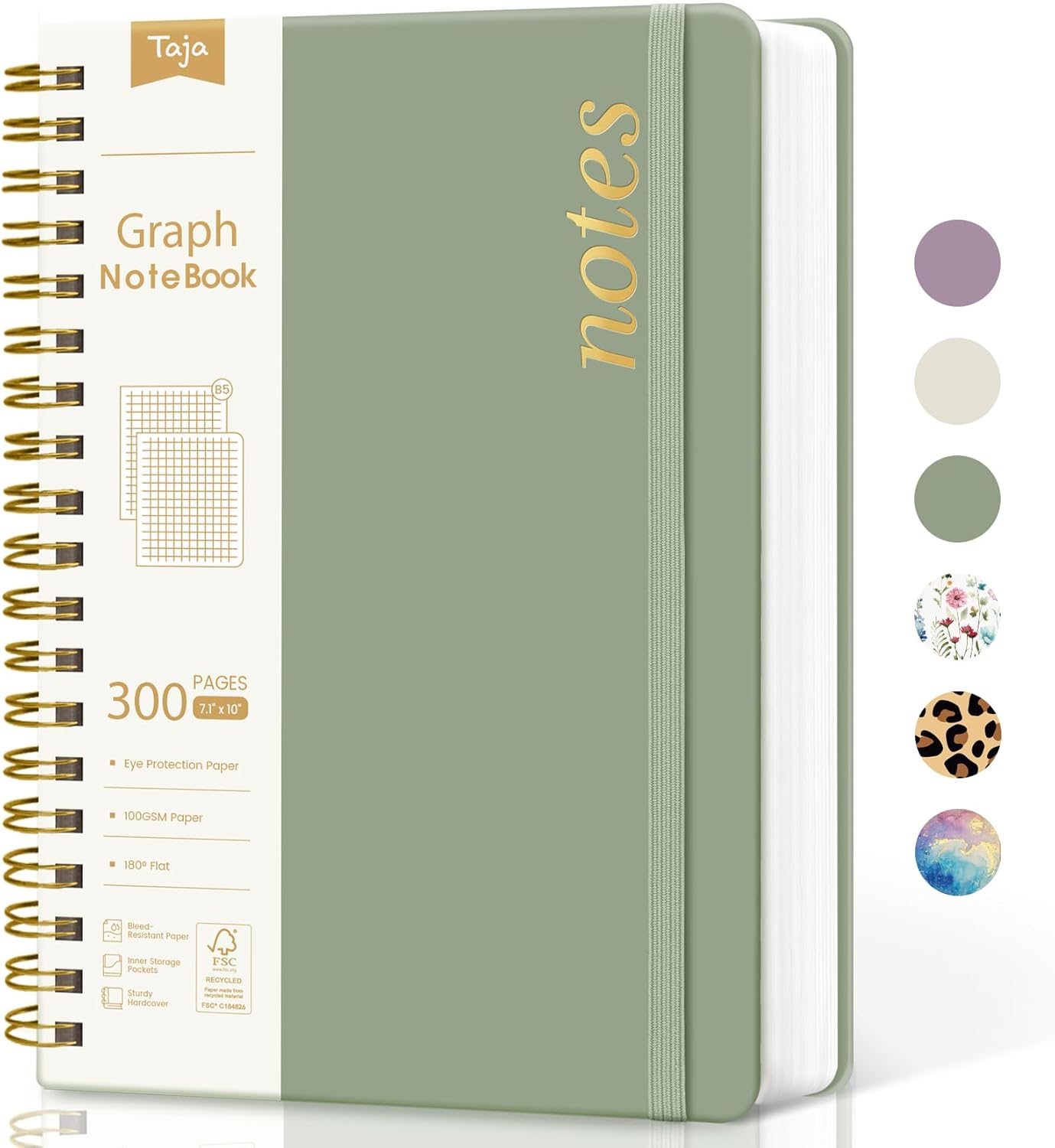 Spiral Graph Paper Notebook Journal for Work, 300 Pages, Thick B5 (7.1"x10") Grid Journals for Women & Writing, Hardcover Notebook for Note Taking, Perfect for Work School Note Taking Business, Green