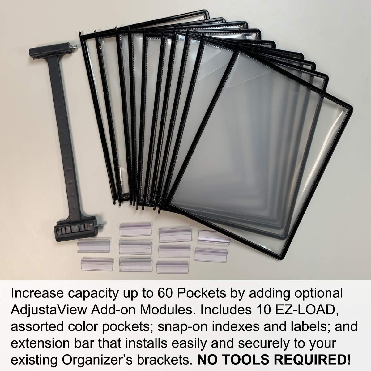 Ultimate Office AdjustaView 20-Pocket Desk Reference Organizer with Easy-Load Pockets and Compact Weighted Base for Stability, Black Pockets