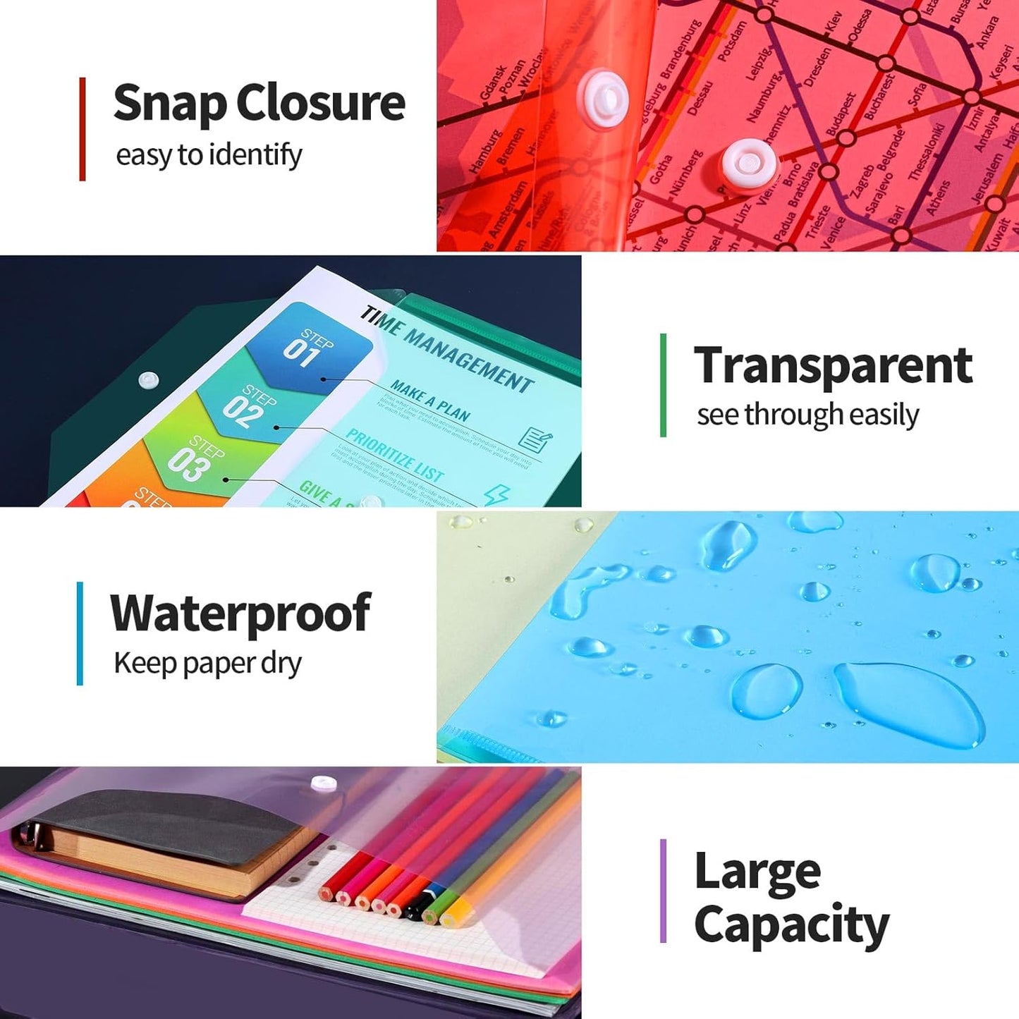 LEOBRO Plastic File Folders, 12 PCS A4 Plastic Envelopes with Snap Closure, Folders for Document, Reusable File Bags, Document Holder, for School Office