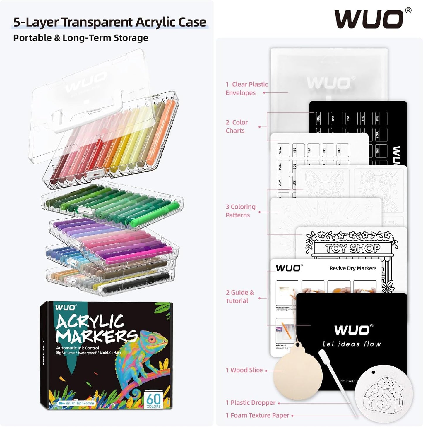 WUO 60 Colors Acrylic Paint Markers (2 Metallic), Automatic Ink Control Brush Tip for Multi-Surface, Water-Based No-Bleed Markers Acrylic Paint Pens for Rock Painting, Wood, Canvas, Glass, DIY Crafts