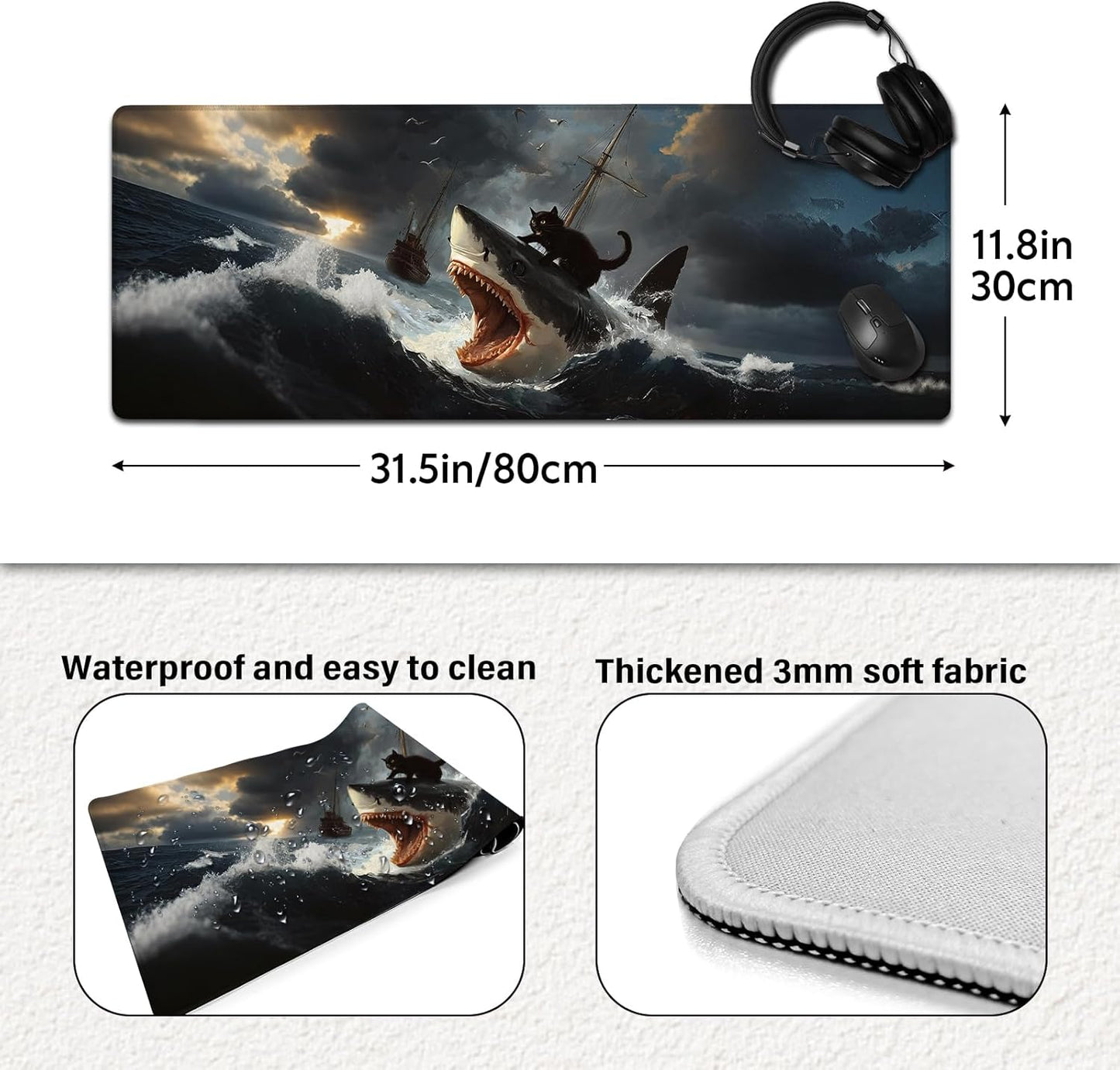 Funny Black Cat Mouse Pad, Abstract Quirky Cat and Shark Mousepad - Large Non-Slip Desk Mat for Office, PC & Laptop - 31.5"x11.8" x 3mm