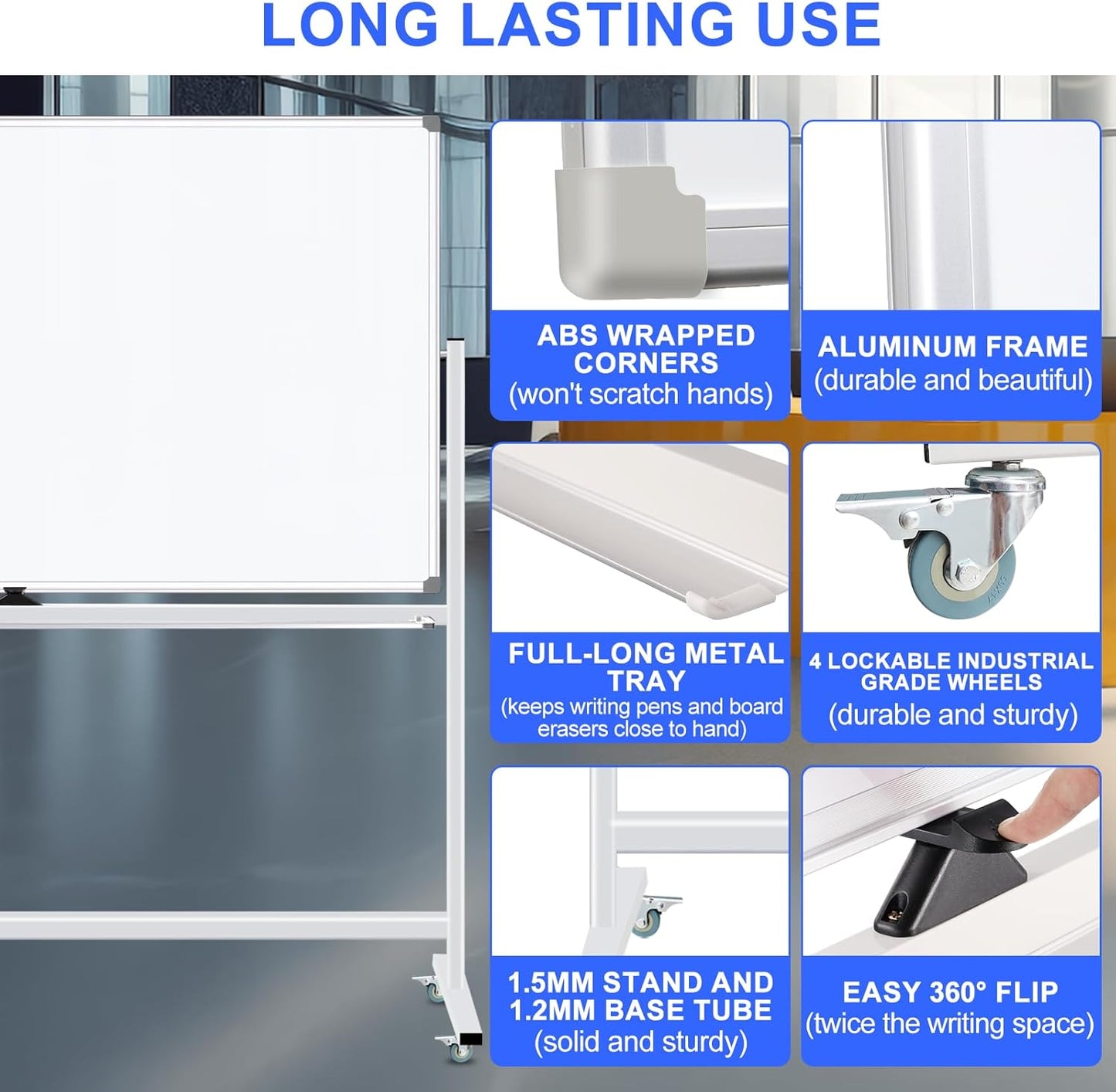 Mobile Magnet Large Whiteboard with Stand 72x40 Double-Sided Dry Erase Board with Stand - Magnetic Portable Standing Whiteboard - Rolling White Boards with Easy Flip Feature