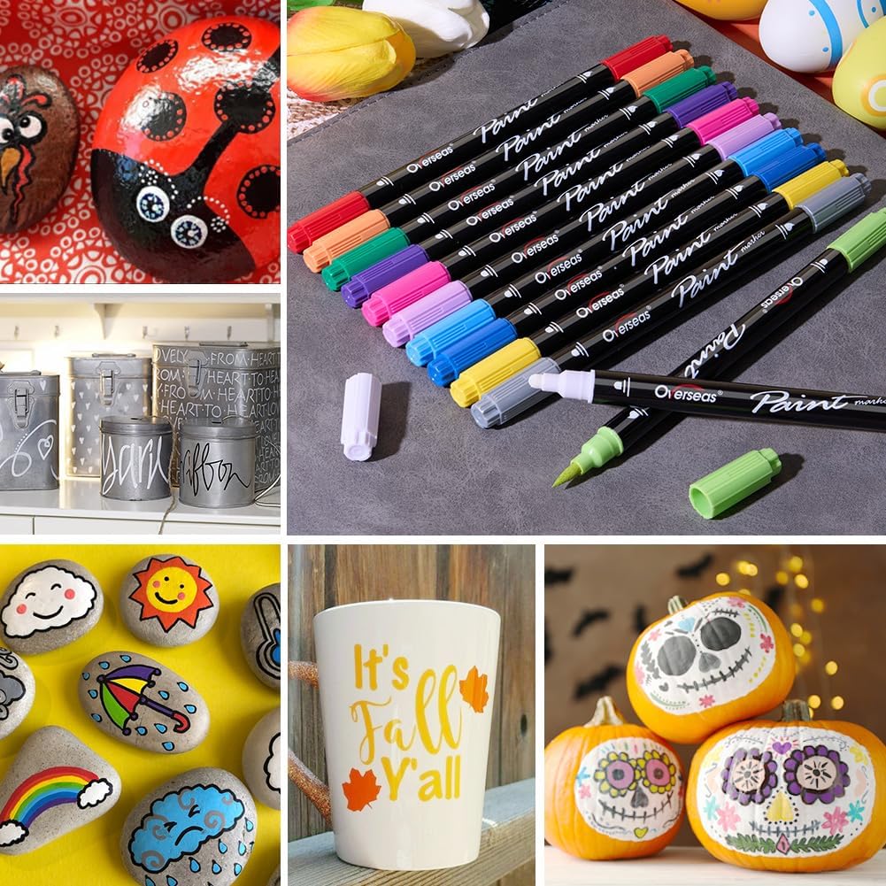 Overseas 12 Dual-Tip Acrylic Paint Markers Pens - Acrylic Paint Pens with Brush and Dot Tip, No Bleeding Coloring Marker for Wood, Rock, Glass, Metal, Ceramic, Plastic, Fabric, Teacher Supplies