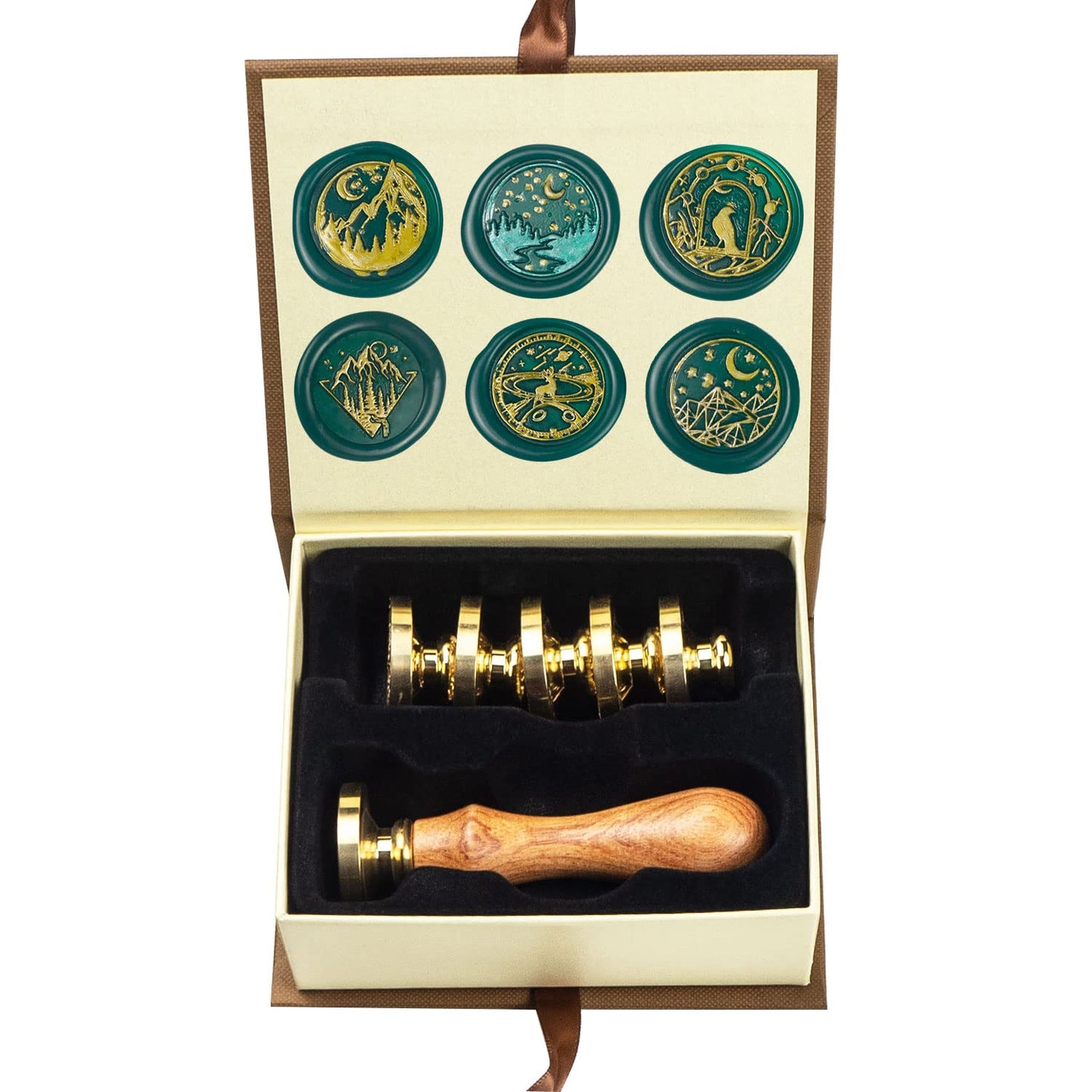 Wax Seal Stamp kit, ANBOSE Moon Wax Seal Stamp Set with 6 PCS Removable Brass Heads and 1 Wooden Handle, Starry Crow Deer Moon Sealing Wax Stamp for Cards Invitations