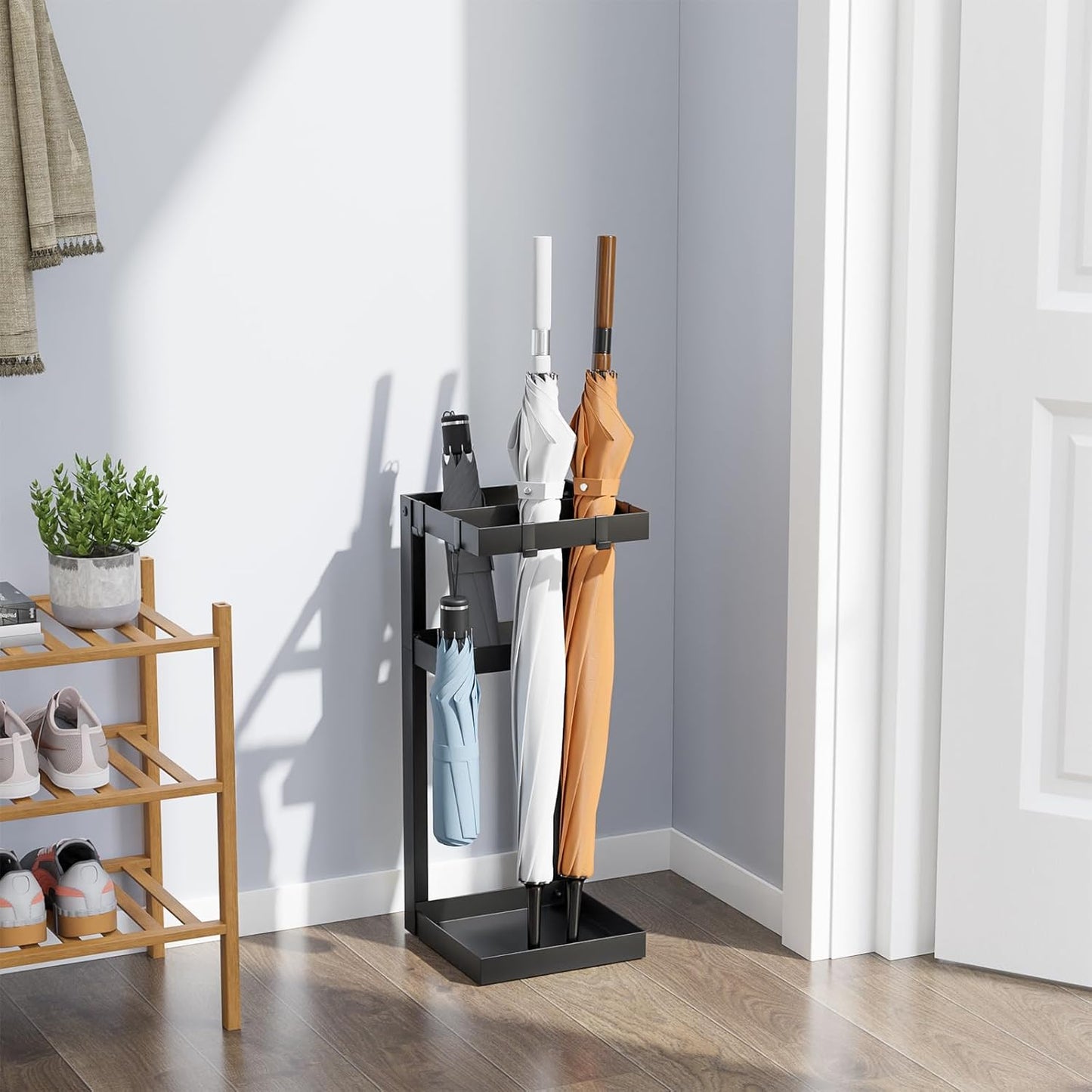 Umbrella Stand, Steel Umbrella Holder Rack with Small Shelf, for Entryway, Office, 4 Hooks, Black