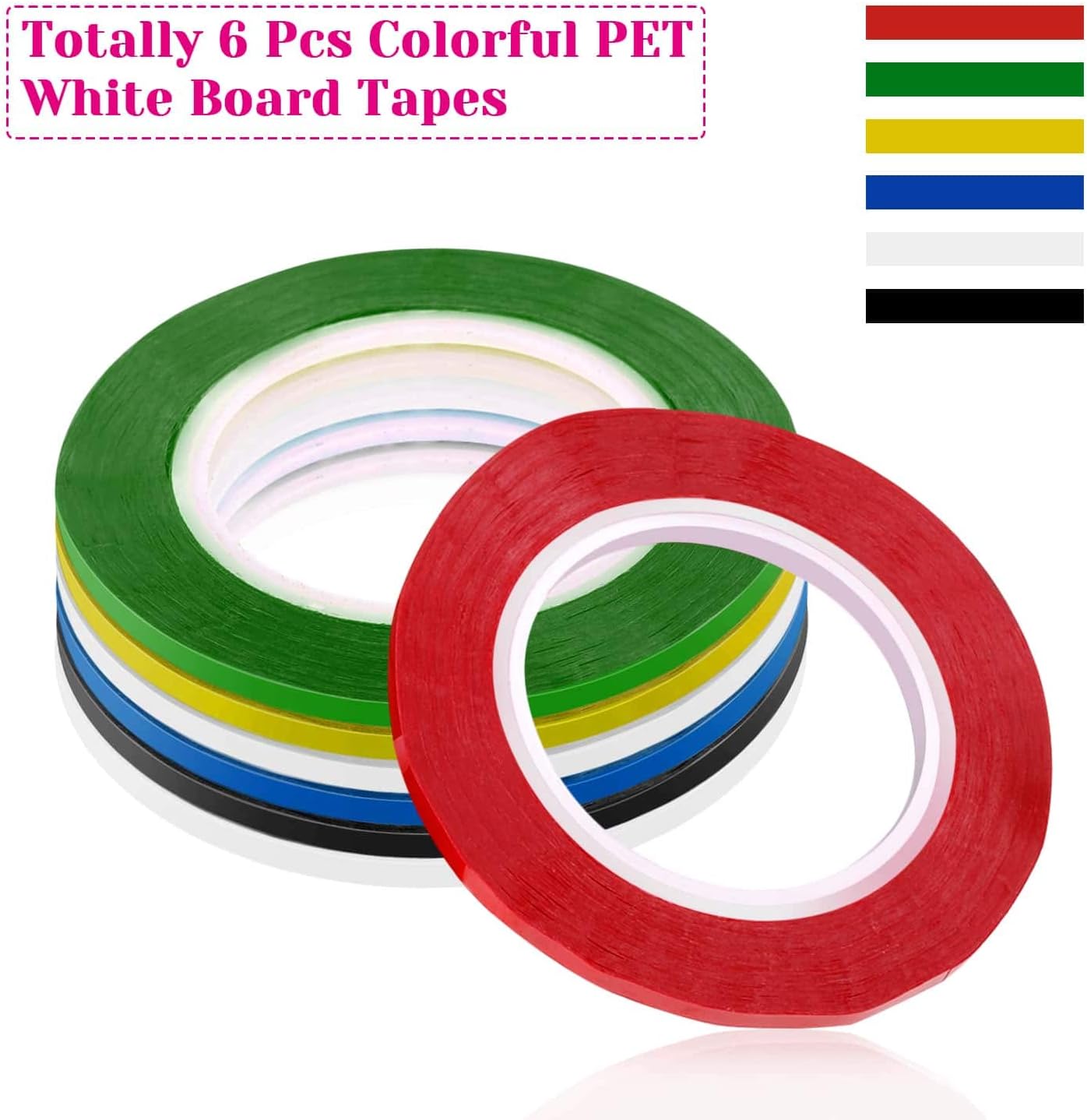 cridoz 6 Rolls 1/8 Whiteboard Tape Thin White Board Tape Lines Pinstripe Dry Erase Art Tape Graphic Chart Grid Electrical Tape, 108 Feet Per Roll
