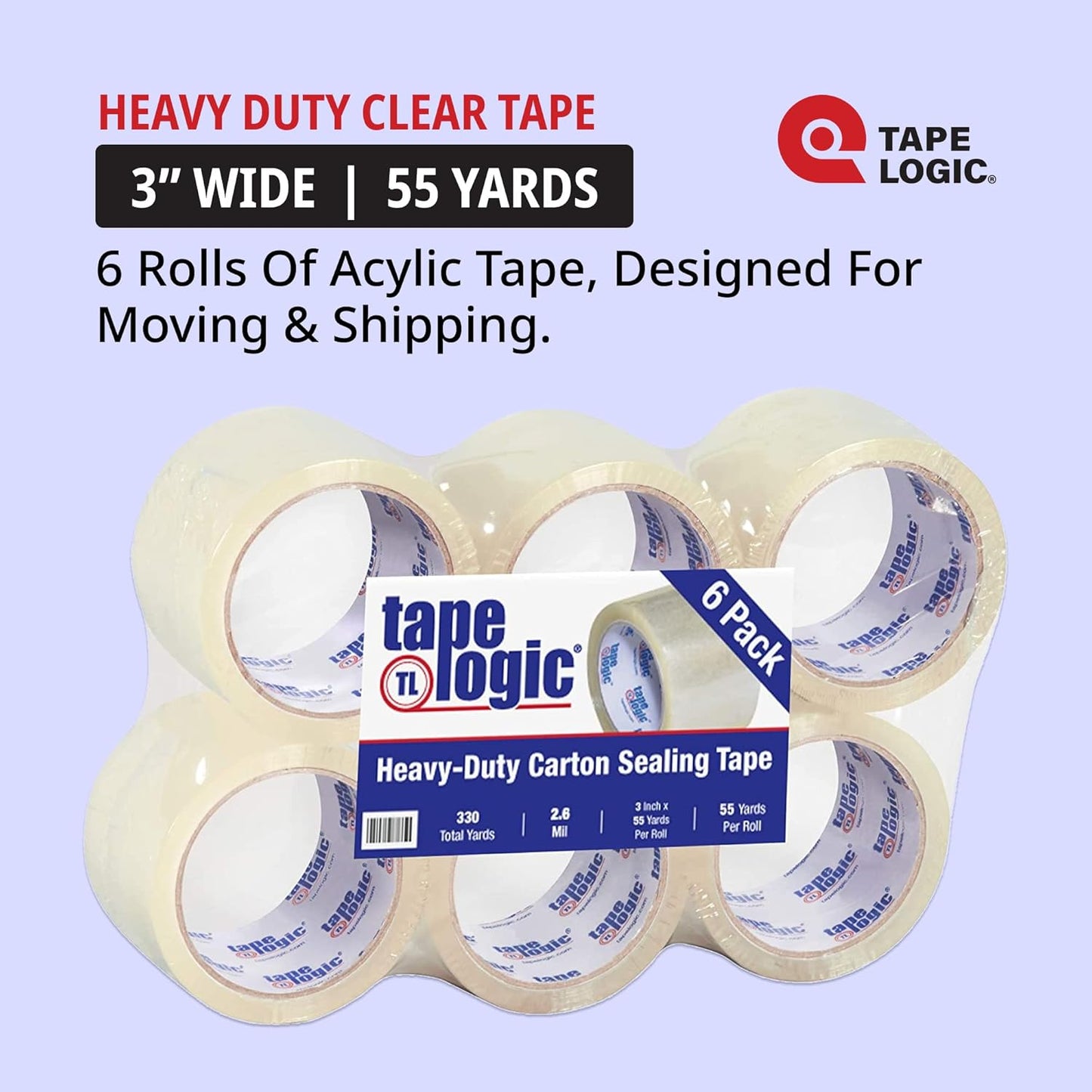 TAPE LOGIC Heavy Duty Packing Tape 3 Inch x 55 Yds, 2.0 Mil - 6 Rolls | Acrylic Clear Packaging Tape for Shipping Boxes, Moving, Home or Office Use