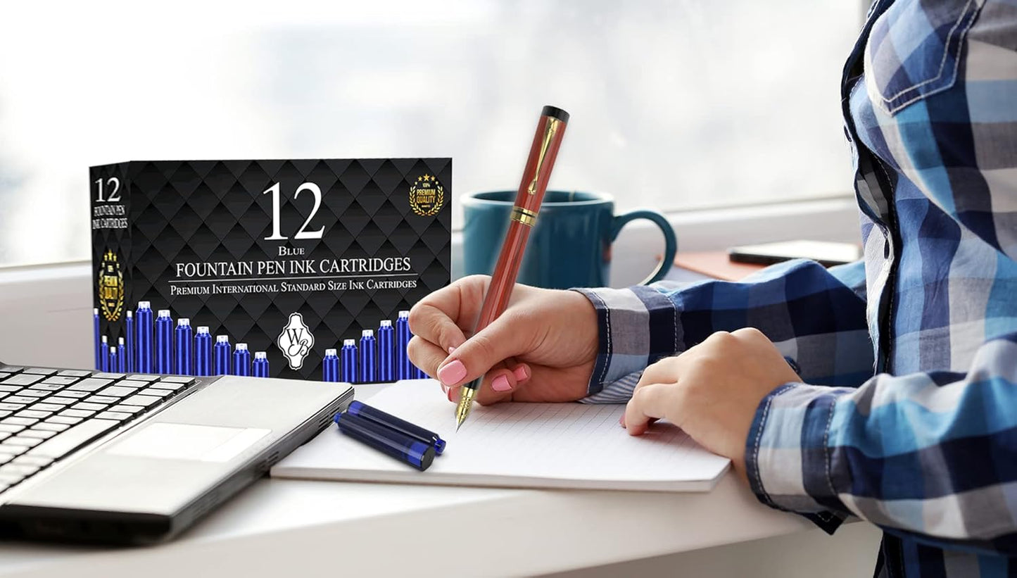 Wordsworth & Black 12 Pack Fountain Pen Ink Refills - Set of 12 Blue Ink Cartridges - International Standard Size - Length APPR 2.3" - Base Diameter APPR 0.24" - Disposable and Generic