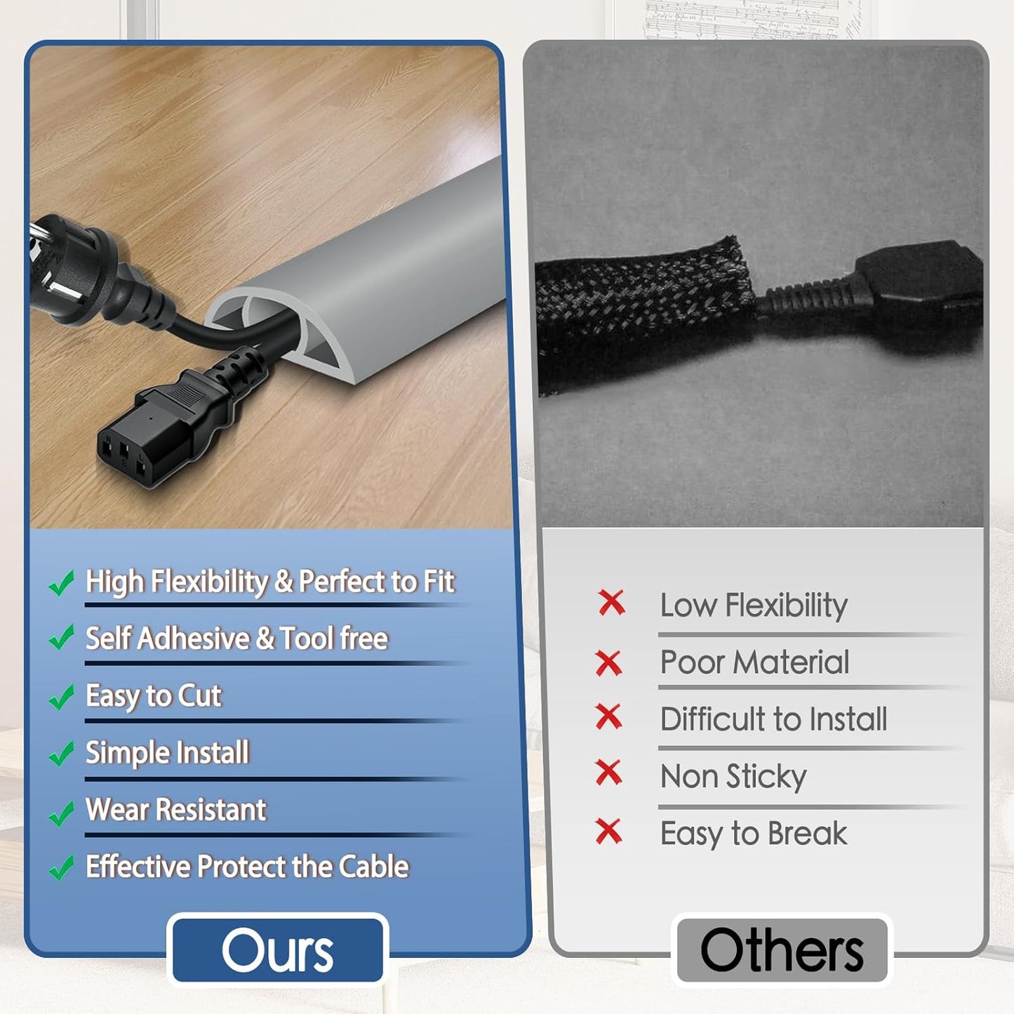 Floor Cord Cover for Wires on Floor Self Adhesive Cord Hider Floor Cable Management Wire Covers for Cords Protector Prevent Cable Trips Cord Cavity W 0.47" x H 0.27", Gray, 10Ft