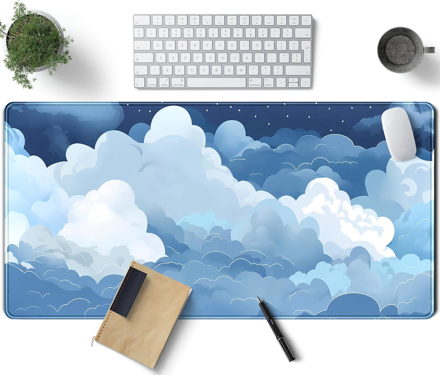 Aesthetic Blue and White Puffy Clouds Desk Mat, XXL Large Kawaii Blue Extended Gaming Mouse Pad with Stitched Edges, Cute Big Laptop Keyboard and Mouse Mat for Women Office Decor Mat 31.5x15.7 in