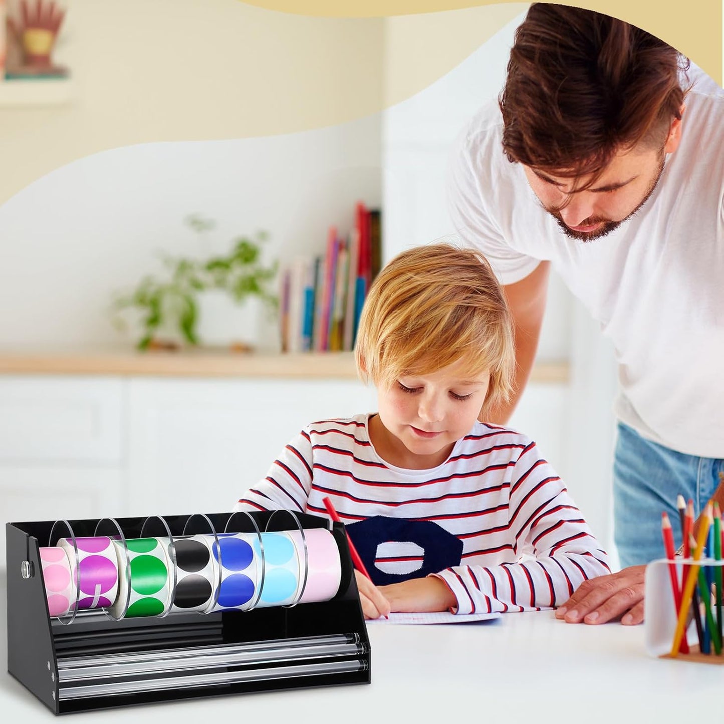 Adjustable Label Dispenser Acrylic Sticker Roll Dispenser Label Roll Holder Multi Use Sticker Holder Organizer Stand for School Gifts and Home Office Desktop(7 Disks)