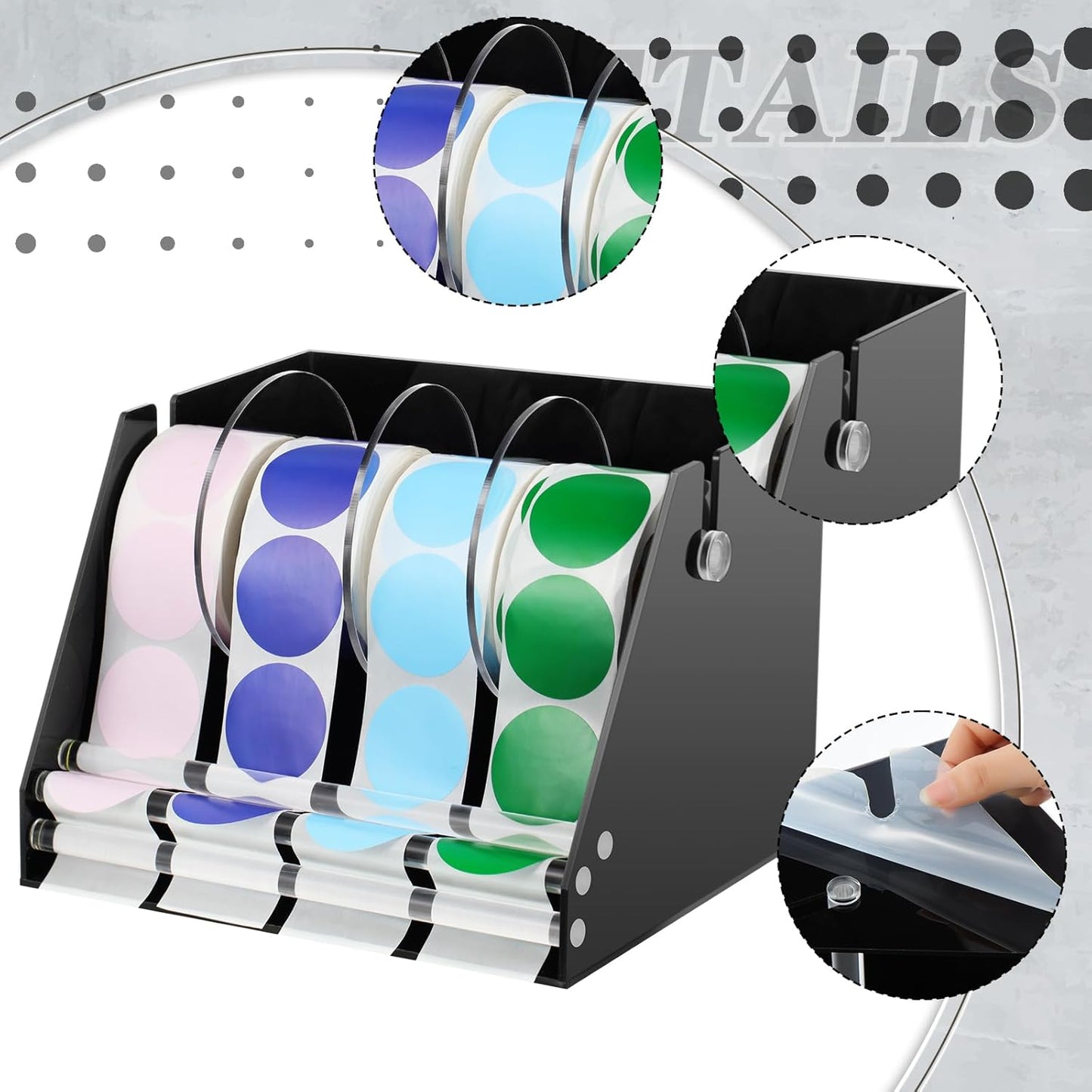 Adjustable Label Dispenser Acrylic Sticker Roll Dispenser Label Roll Holder Multi Use Sticker Holder Organizer Stand for School Gifts and Home Office Desktop(4 Disks)