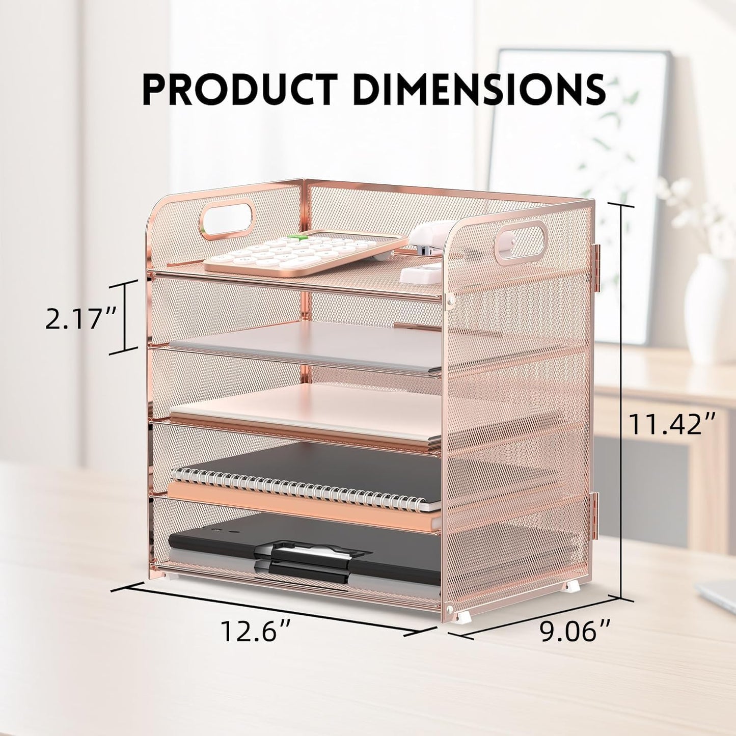 Supeasy 5 Trays Paper Organizer Letter Tray with Handle-Mesh Desk File Organizer, Paper Sorter Desk Organizer for Office, Home or School (Rose Gold)