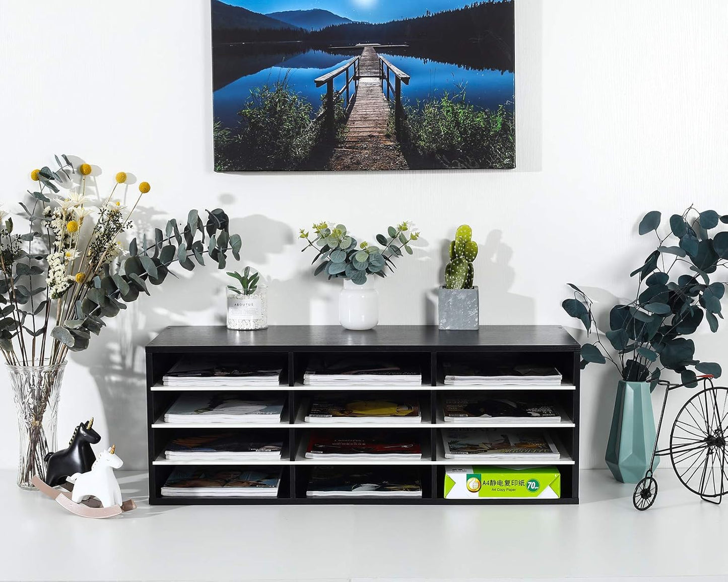 PAG Mail Sorter, Wood Countertop Literature Organizer, Student Mailbox for Classroom, Desktop Bill Paper Organizer for Office Home School, 12 Compartments, Black & White