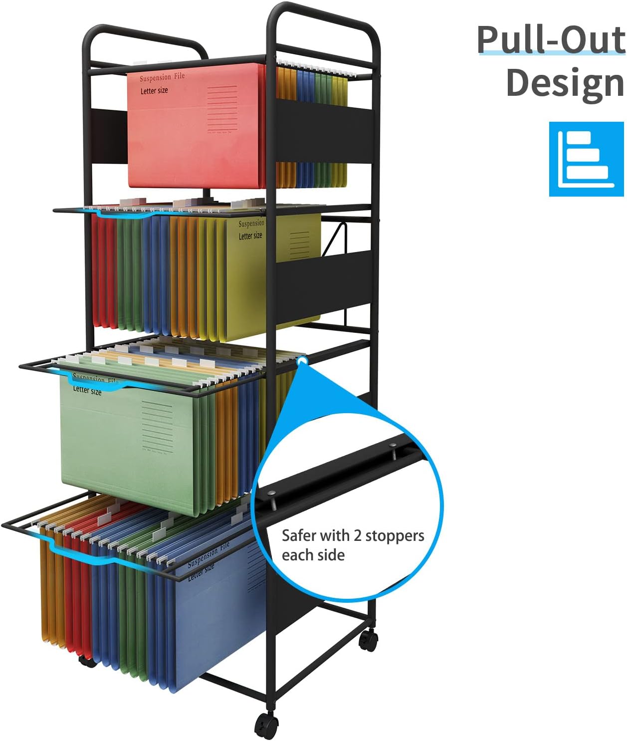 PUNCIA 4 Tiers Metal Rolling File Carts with Wheels Hanging Files for Letter Size Movable Pull-Out File Folder Rack Drawer File Cabinet for Home Office