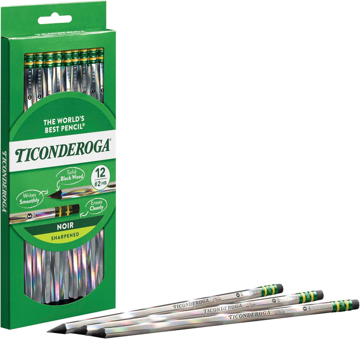 Ticonderoga Noir Black Wood-Cased #2 Pencils, Holographic Design, 12 Count
