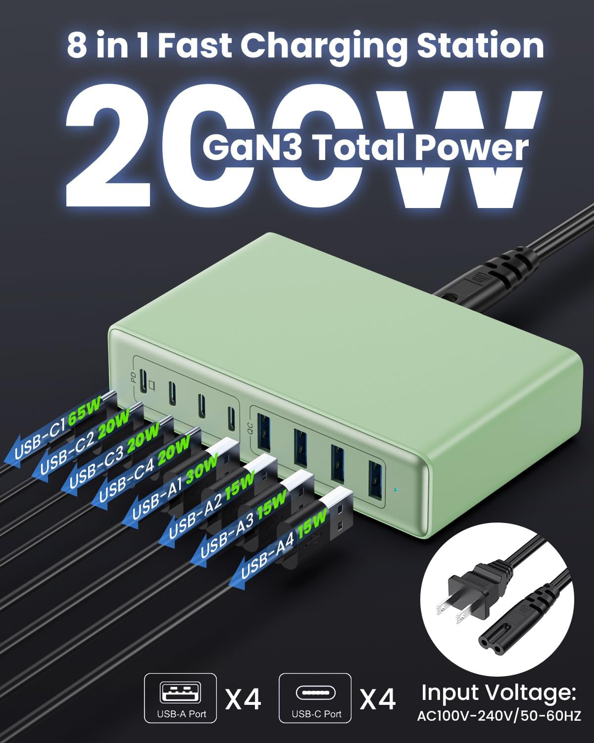 200W USB C Charger Block,8-Ports GaN III Fast Charging Station Hub,QC4.0+PD 65W Laptop Charger Wall Chargers Power Adapter for MacBook Pro/Air,DELL,Steam Desk,iPhone 16/15,iPad,Galaxy S25,Pixel-Green