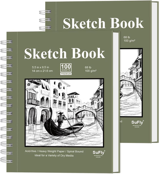 SuFly Small Sketch Book 5.5"x8.5", 2-Pack Mini Sketchbook, Spiral Bound Sketchbook Hardcover with 200 Sheets of 68lb/100gsm Mini Drawing Pad Paper, Small Sketch Pads for Drawing for Adults & Kids.