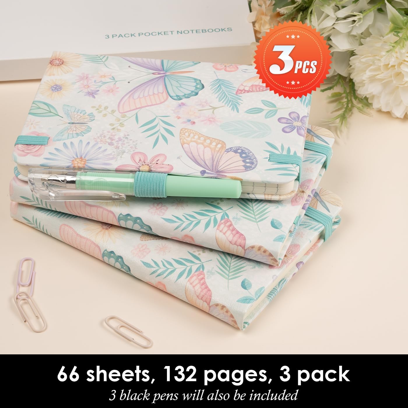 Aesthetic Small Journal Notebook, 3 Pack Mini Pocket Notebook with Pen, (Butterfly Garden) 3.7" x 5.7", 100GSM Lined Paper, Hardcover Small Notepad for Kids/Girls/Women Writing Note Taking