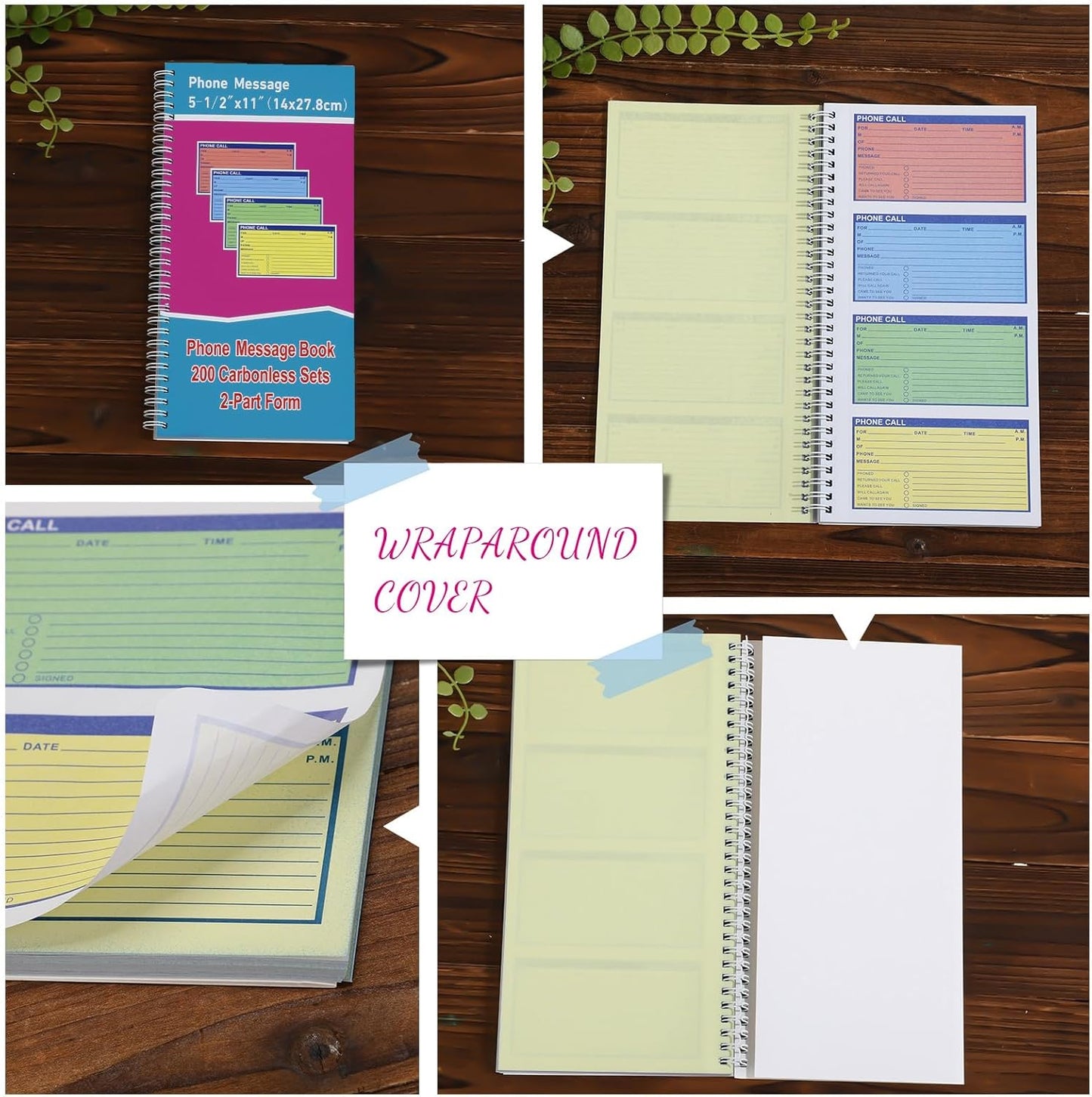 Sinmoe 10pcs Spiral Bound Phone Message Book with Carbon Copy 5-1/2" x 11" 2 Part Colorful Carbonless Telephone Message Pads Duplicate Spiral Phone Call Log Book for Business Office (Rose Red,Blue)