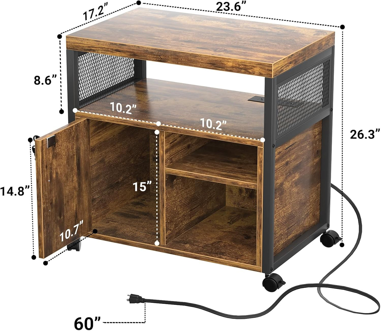 Unikito Lateral File Cabinet, Locking Office Filing Cabinets with Socket and USB Charging Port, Modern Rolling Printer Stand with Storage for A4, Letter Size and File Folders, Rustic Brown