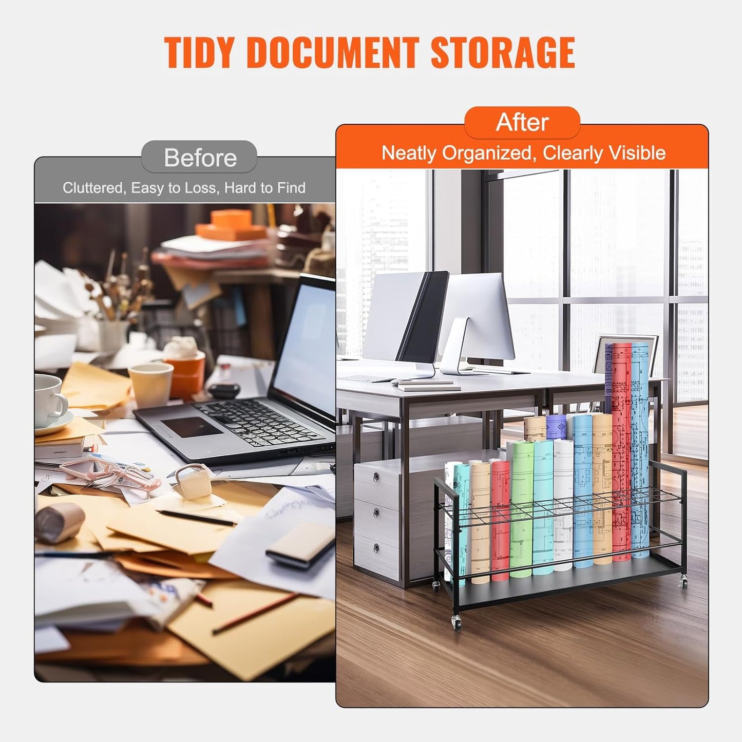 VEVOR Blueprint Storage Rack, 50 Slots Blueprint Holder with Wheels, Mobile Metal Blueprint Storage Cart for Construction Plan Map Poster Architectural, Roll File Holder for Home, Office, School