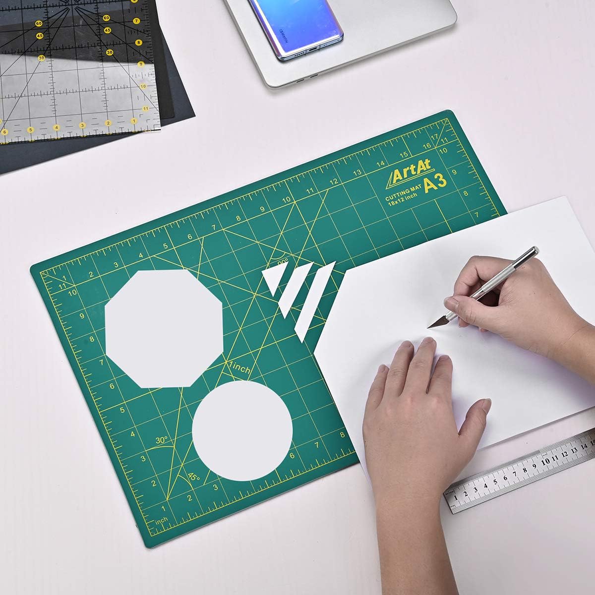 ArtAt Self Healing Cutting Mat: 12″x 18″ Green Double Sided Non-Slip 5 Layers PVC Durable Craft Sewing A3 Mat for Rotary Cutter, Use for Quilting and Scrapbooking and Craft & Art Projects…