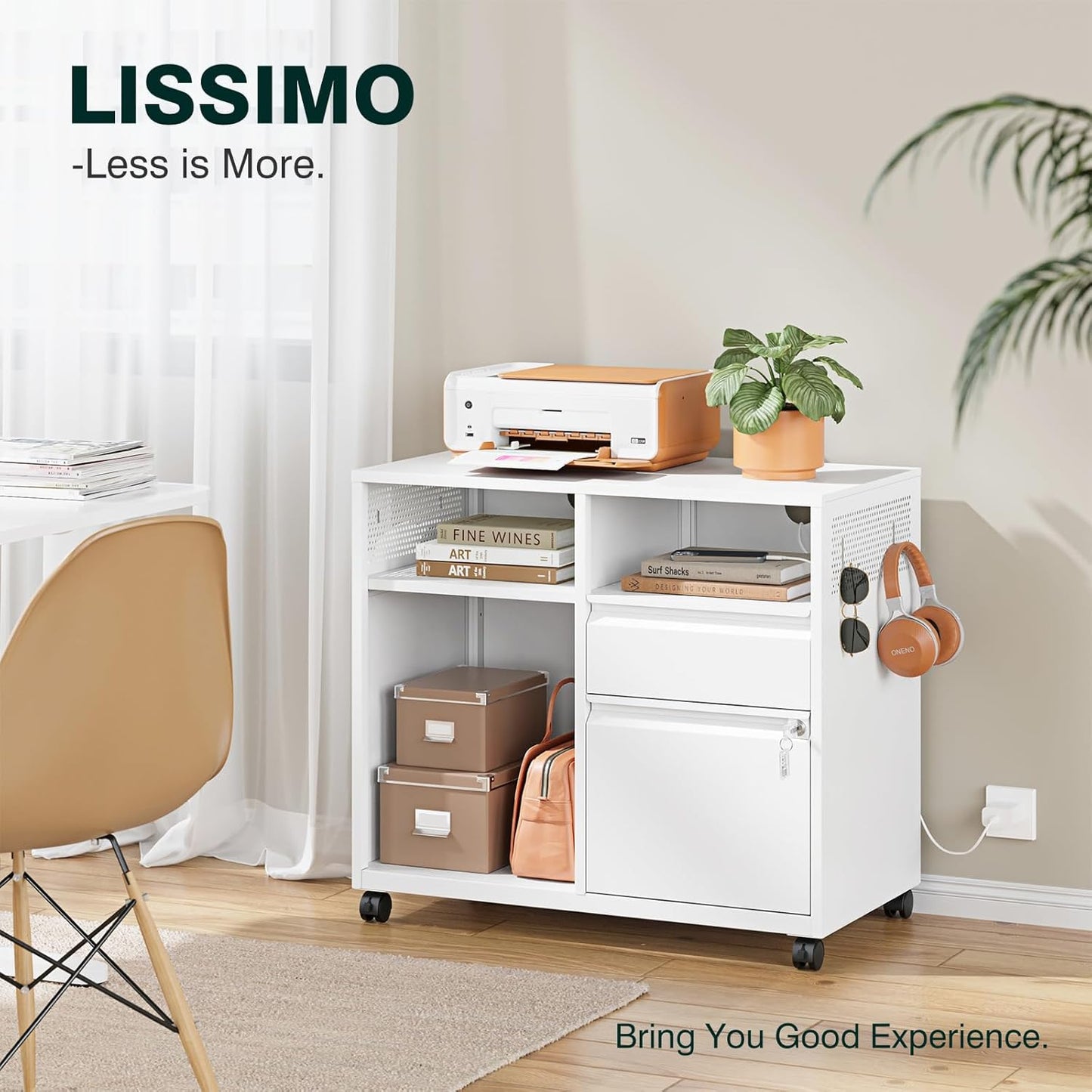 Metal File Cabinet,Lateral Filing Cabinet with Lock for Letter/A4 Size Files,Rolling Printer Stand with Open Storage Shelves for Home Office(White)