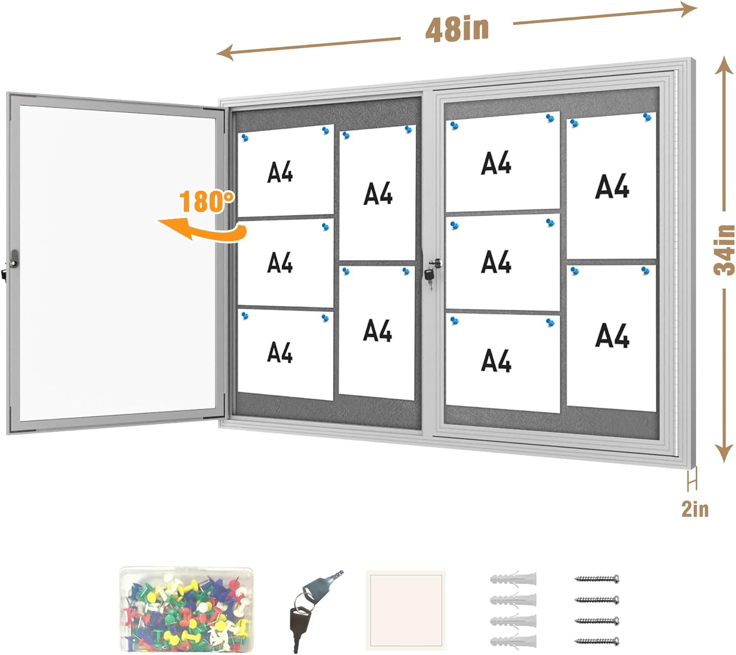 48"x34" Enclosed Bulletin Board, Outdoor Lockable Weather-Resistant Aluminum Cork Noticeboard for School & Office, Silver Frame w/Grey Flet