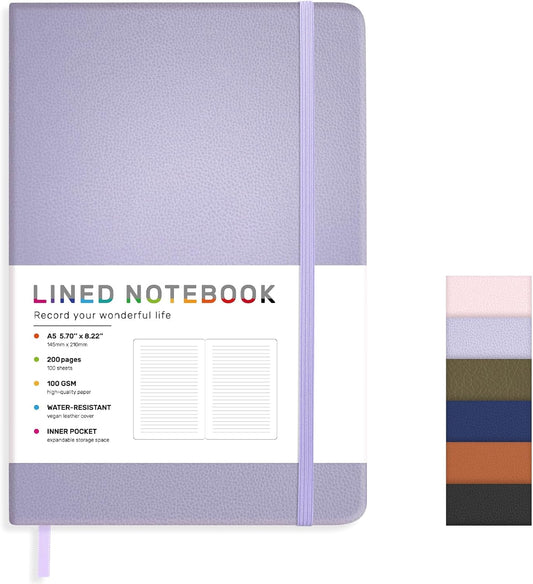 Lined Journal Notebook for Women Men, 200 Pages A5 Hardcover Leather Journals 5.7” x 8.3”, A5 College Ruled Notebooks with 100 GSM Thick Paper for Writing,Travel,School,Office,Work,Business(Purple)