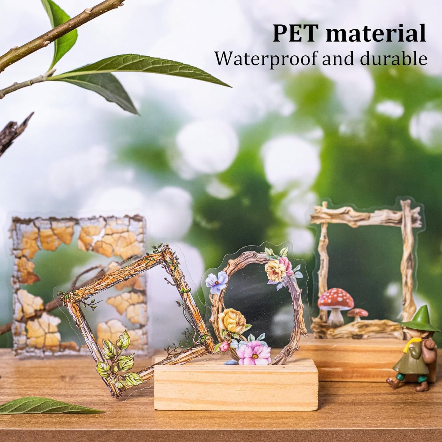 Vintage Wooden Frame PET Sticker Set, 60PCS Retro Aesthetic Scrapbook Stickers for Journaling, DIY Crafts, and Decorative Art Supplies