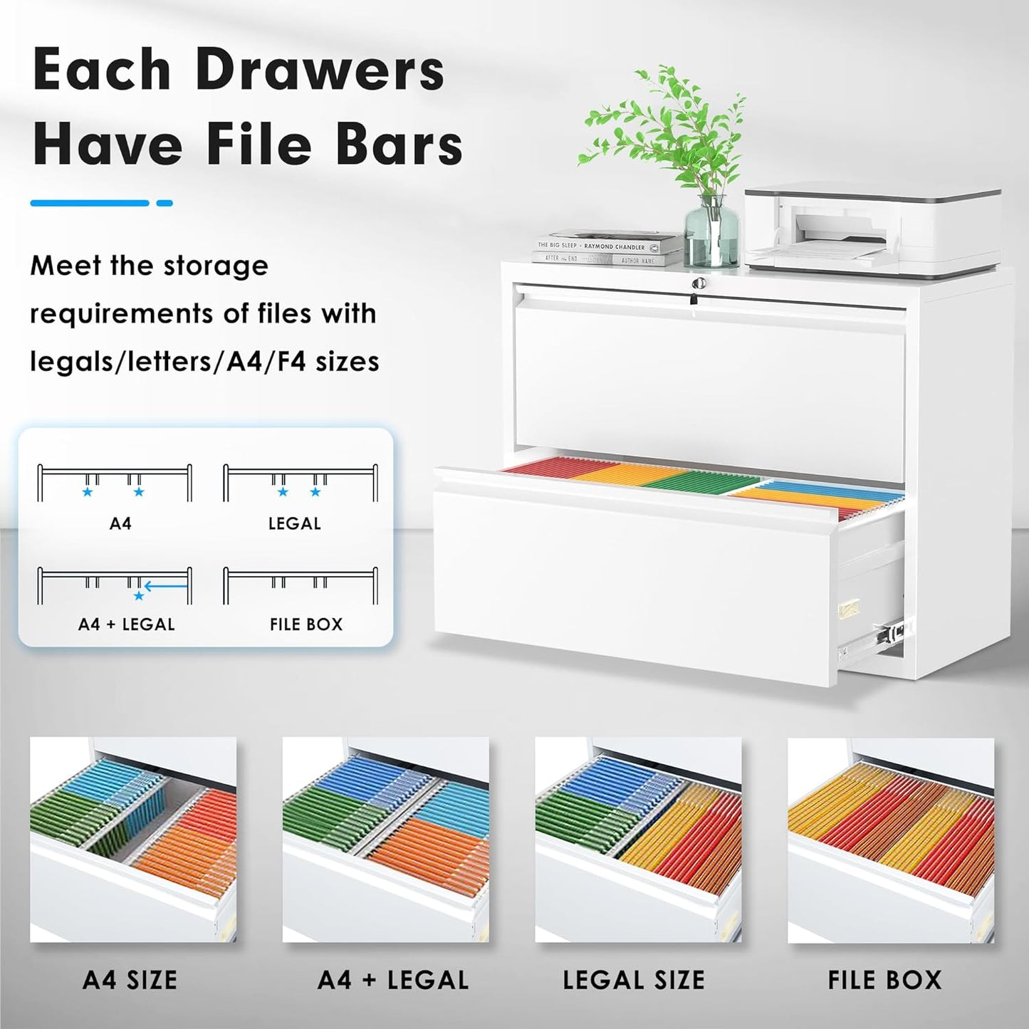 Pataku Lateral File Cabinet, 2 Drawer File Cabinet with Lock, White Filing Cabinets for Home Office, Metal File Cabinet for Hanging Files/Letters/Legal/F4/A4(White)