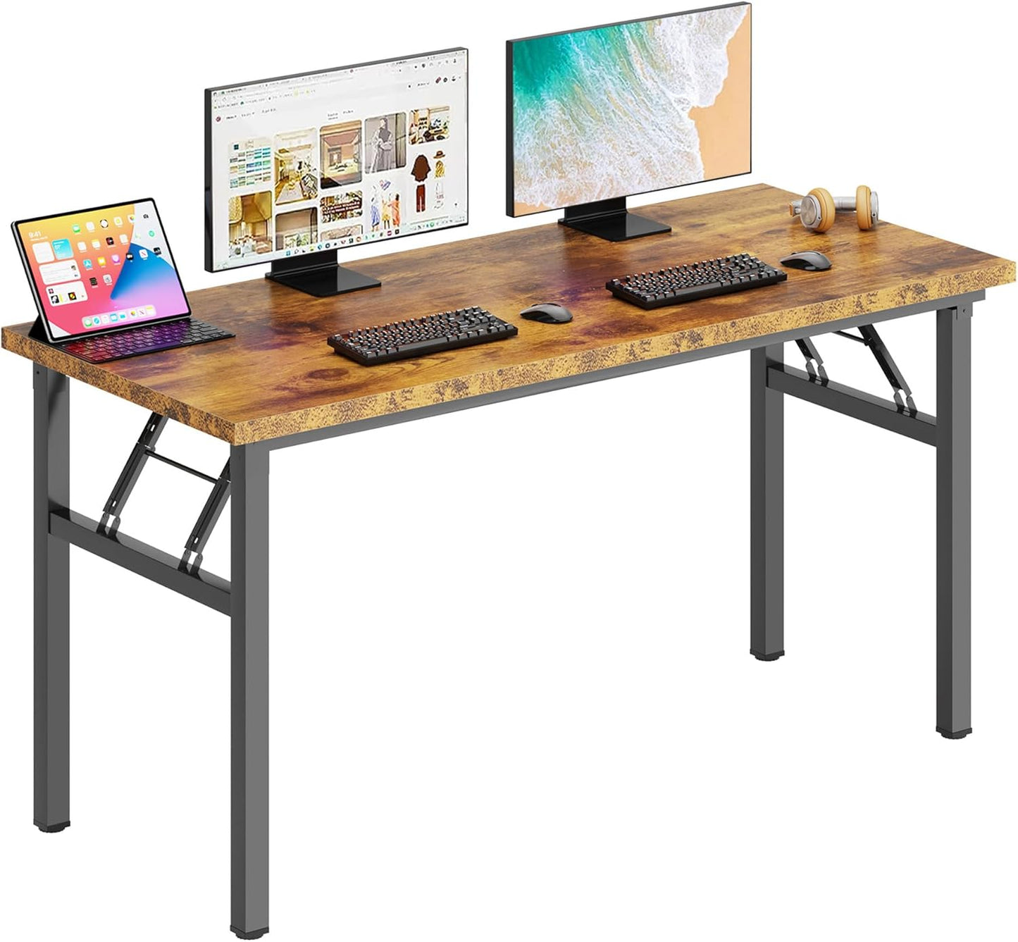 DlandHome Folding Table Computer Desk 62 Inches Workstation Table Conference Table Home Office Desk Fully Assembled Retro and Black Frame