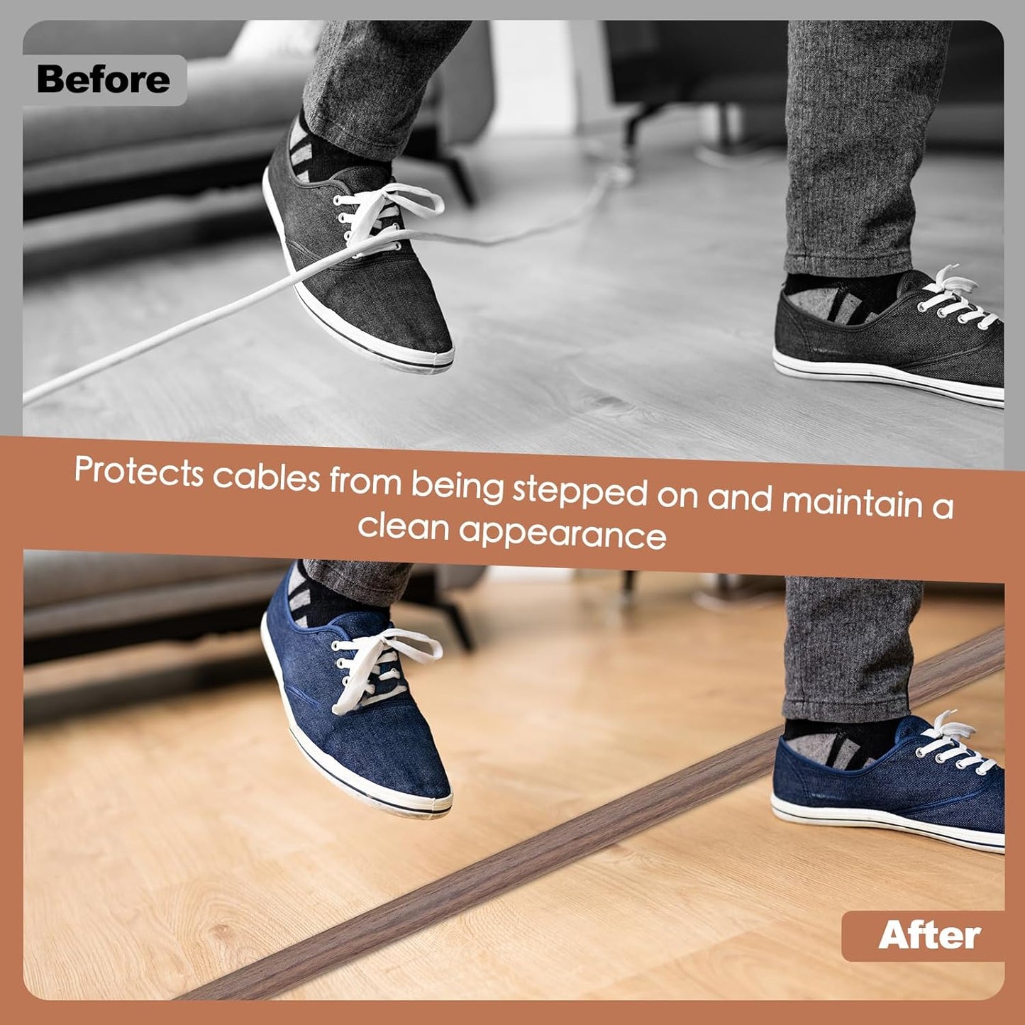 Floor Cord Cover for Wires on Floor Self Adhesive Cord Hider Floor Cable Management Wire Covers for Cords Protector Prevent Cable Trips Cord Cavity W 0.32" x H 0.32", Misty Brown Wood, 10Ft