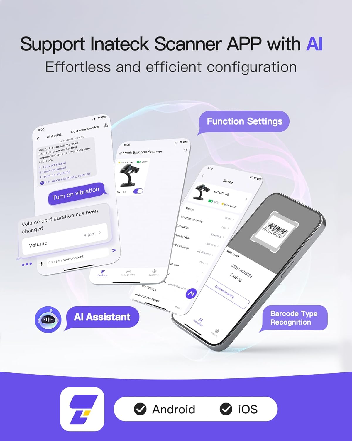 Inateck 2D Barcode Scanner with Intelligent Stand, Wireless QR Code Scanner, Handheld Scanner with APP and SDK, 2D Imager with 2600mAh Battery, BCST-35 Blue