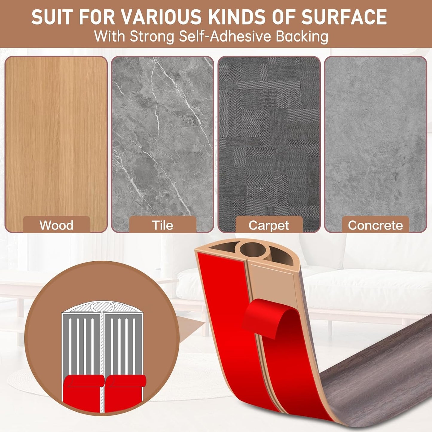 Floor Cord Cover Self Adhesive Cord Hider Floor Extension Cord Covers for Floor Power Cord Protector Cable Management Prevent Cable Trips Cable Cavity 0.32" W x 0.32" H (Brown Walnut Wood, 3.3Ft)