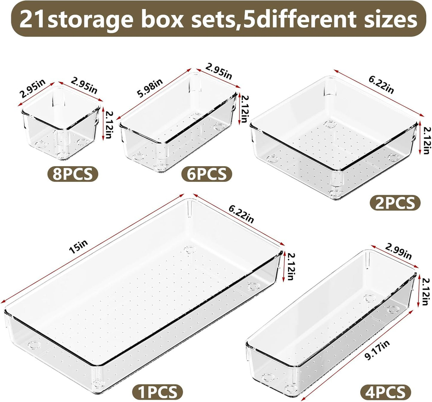 21 PCS Clear Plastic Drawer Organizer Set, 5 Sizes Acrylic Drawer Storage Trays Non Slip Storage Bins for Makeup, Jewelry, Gadgets for Kitchen, Bedroom, Bathroom, Office
