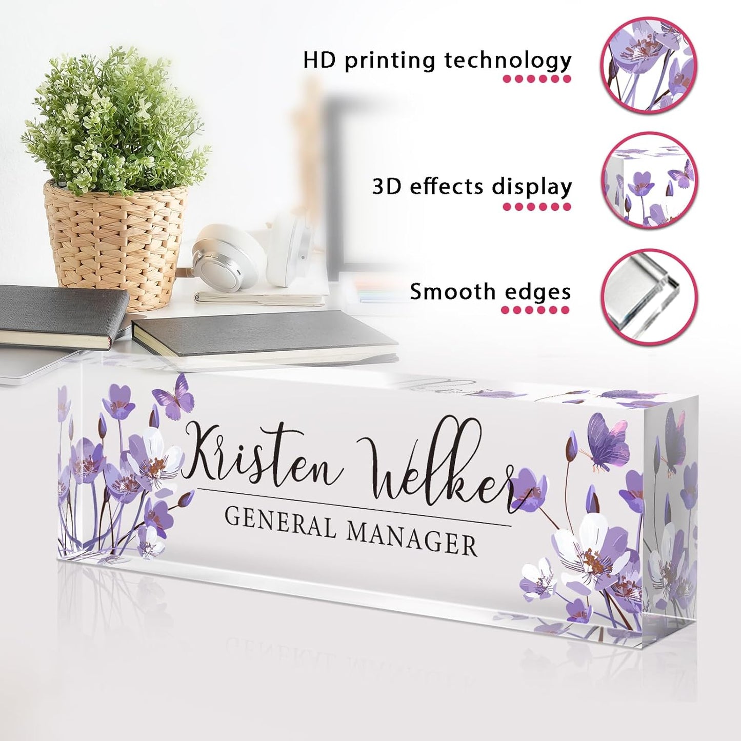 Personalized Name Plate for Desk - Custom Engraved Name Plates for Man - Boss Day Gifts for Boss - Acrylic Office Decor Appreciation Gifts for Teacher Nurse Coworker Social Worker (Orchids)