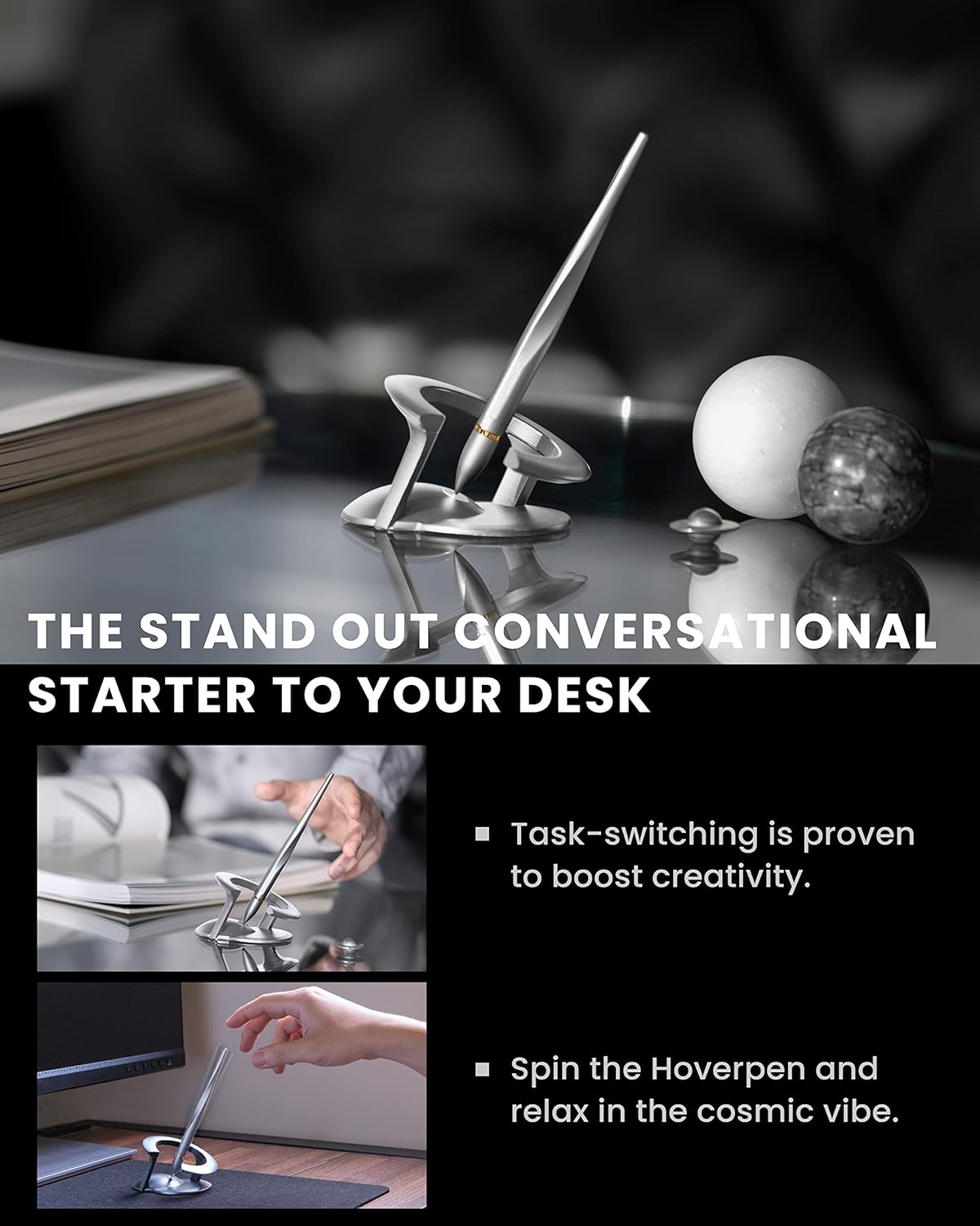 novium Hoverpen Interstellar - Luxury Pen Made With Aerospace Alloys, Unique Aesthetic, Free Spinning Executive Pen, Desk Decor (Starlight Silver, 18K-Gold)