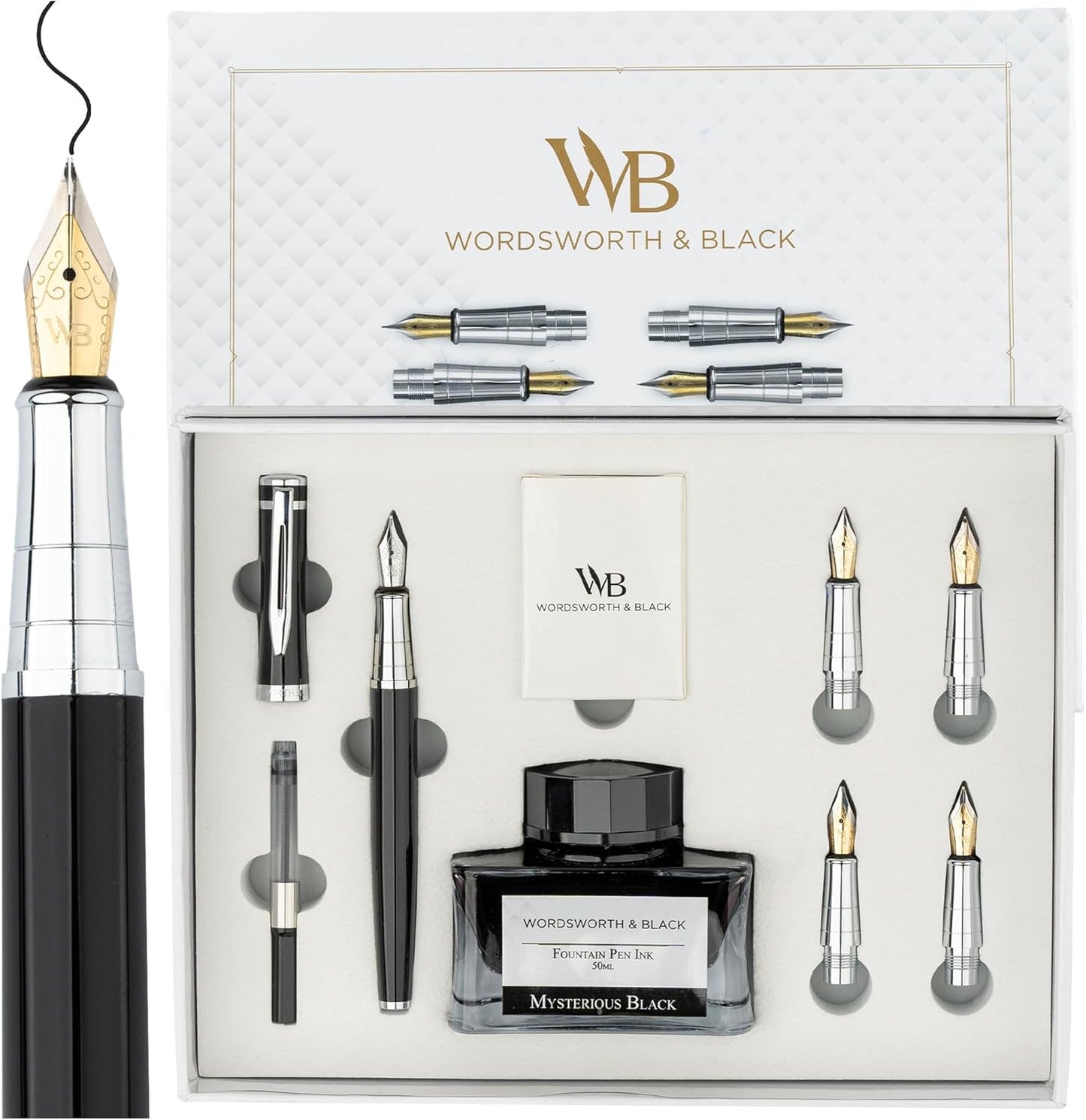 Wordsworth & Black Fountain Pen Gift Set, Includes Ink Bottle, 6 Ink Cartridges & A Refill Converter, 4 Replacement Nibs, Premium Package, Journaling, Calligraphy, Smooth Writing Pens [Black Chrome]