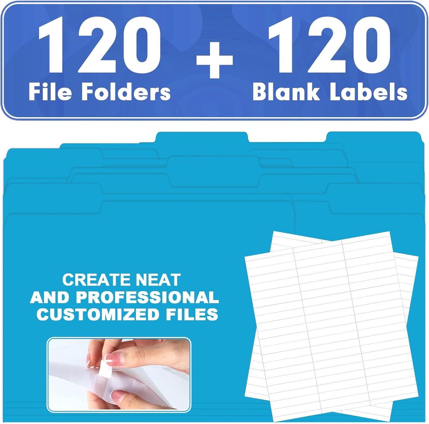 File Folder, HERKKA 120 Pack 1/3 Cut Tab File Folders, File Folders Great for Organizing and Filing, Letter Size, Light Blue