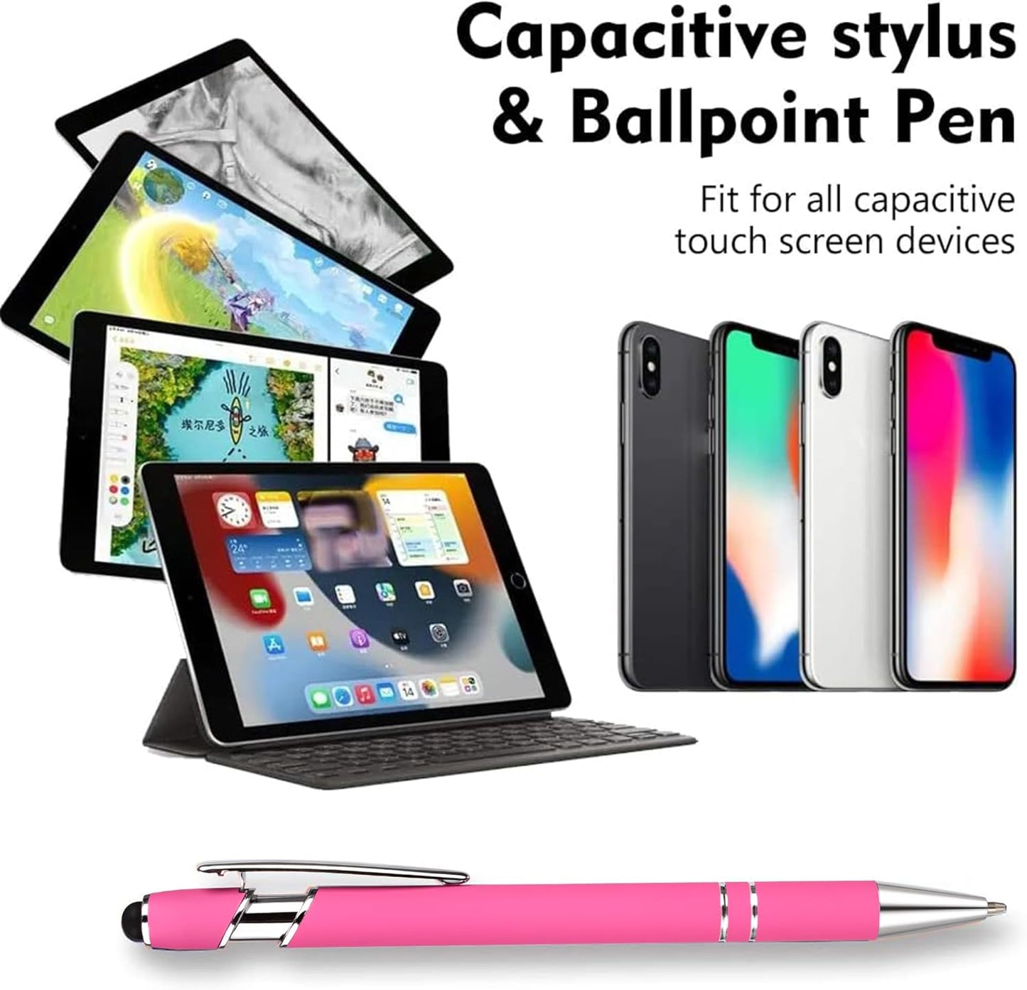 12 PCS 2 in 1 Stylus Ballpoint Pen with Stylus Tip, 1.0 mm Black Ink Metal Pen Stylus Pen for Touch Screens (Silver & Pink)