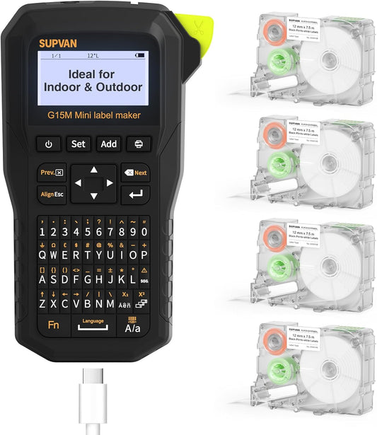 SUPVAN G15M Mini Portable Label Maker Machine with 4 Tapes, Rechargeable 1200mAh Battery Thermal Transfer Printer, Compatible with Multi-Type Label, Home, Garage & Office