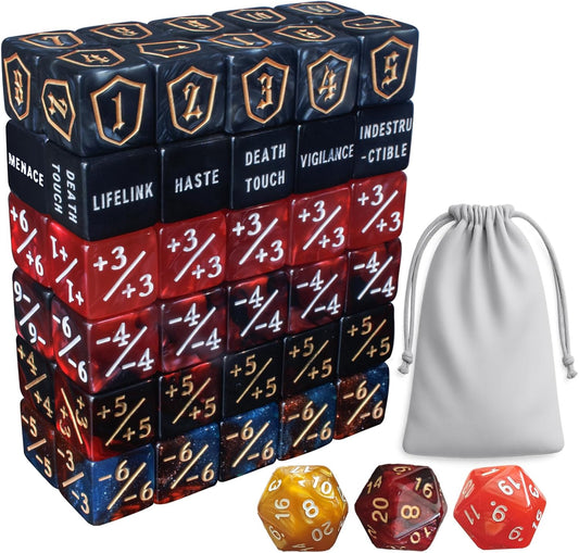 63 PCS MTG Dice Counters Set, D6 MTG Tokens with Bulk Abilities Keywords and MTG Life Counters, Dice Set for Magic The Gathering, TCG and Card Games