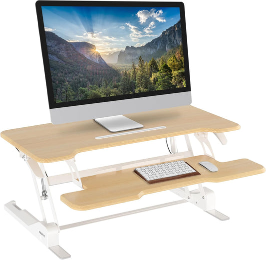 Mount-It! Height Adjustable Standing Desk Converter, 38” Wide, Desk Riser for 2 Monitors, Manual Gas Spring Sit Stand Desktop Raises to 16.9", Fits Two Monitor Screens with Keyboard Mouse Tray Maple