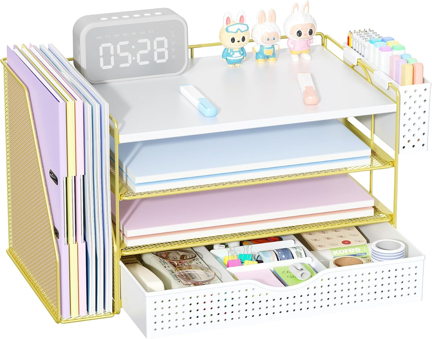 Wood Desk Organizers and Accessories with File Holder, 4-Tier Desk Accessories & Workspace Organizers with Drawer and Pen Holder, Paper Organizer for Office Supplies (Gold)