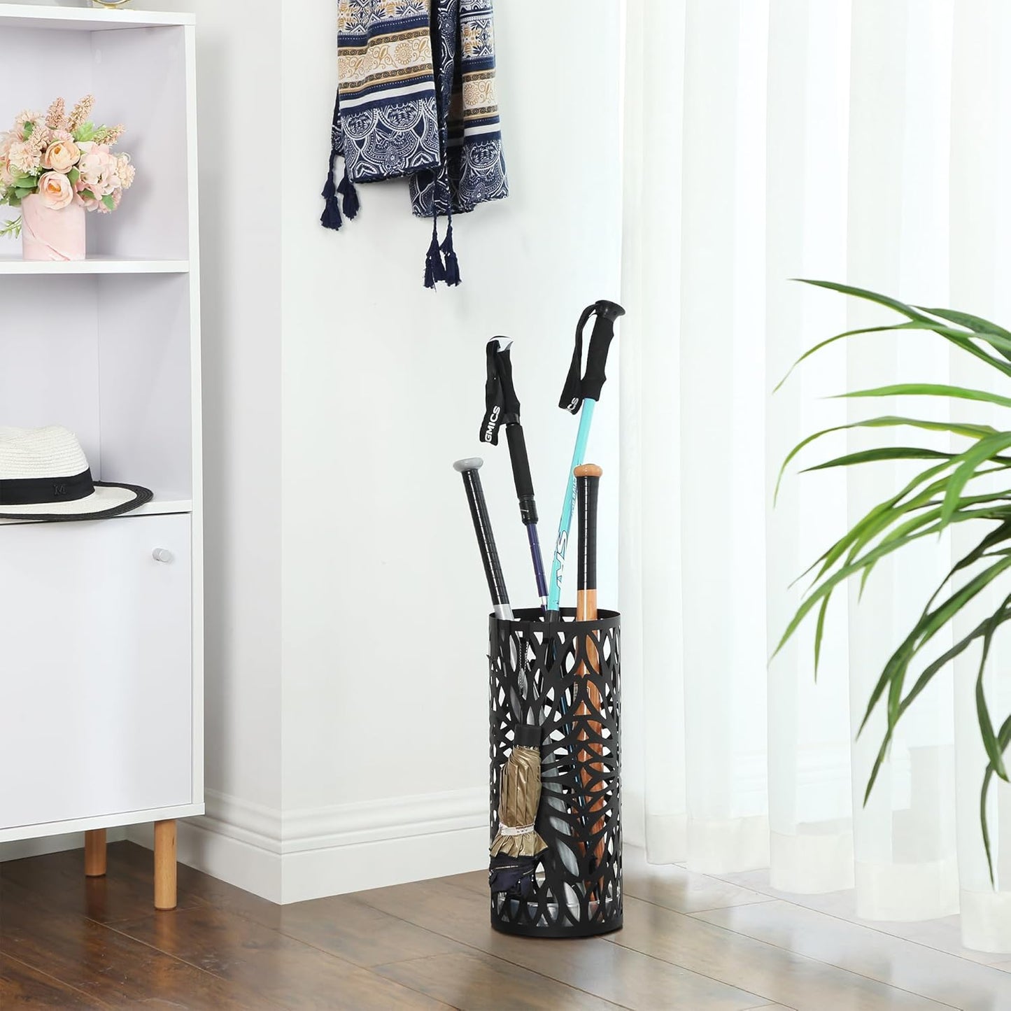 SONGMICS Umbrella Stand, Umbrella Holder for Entryway, Steel Round Umbrella Rack Freestanding, for Canes Walking Sticks, with a Detachable Drip Tray, 2 Long and 2 Short Hooks, Matte Black ULUC022B01