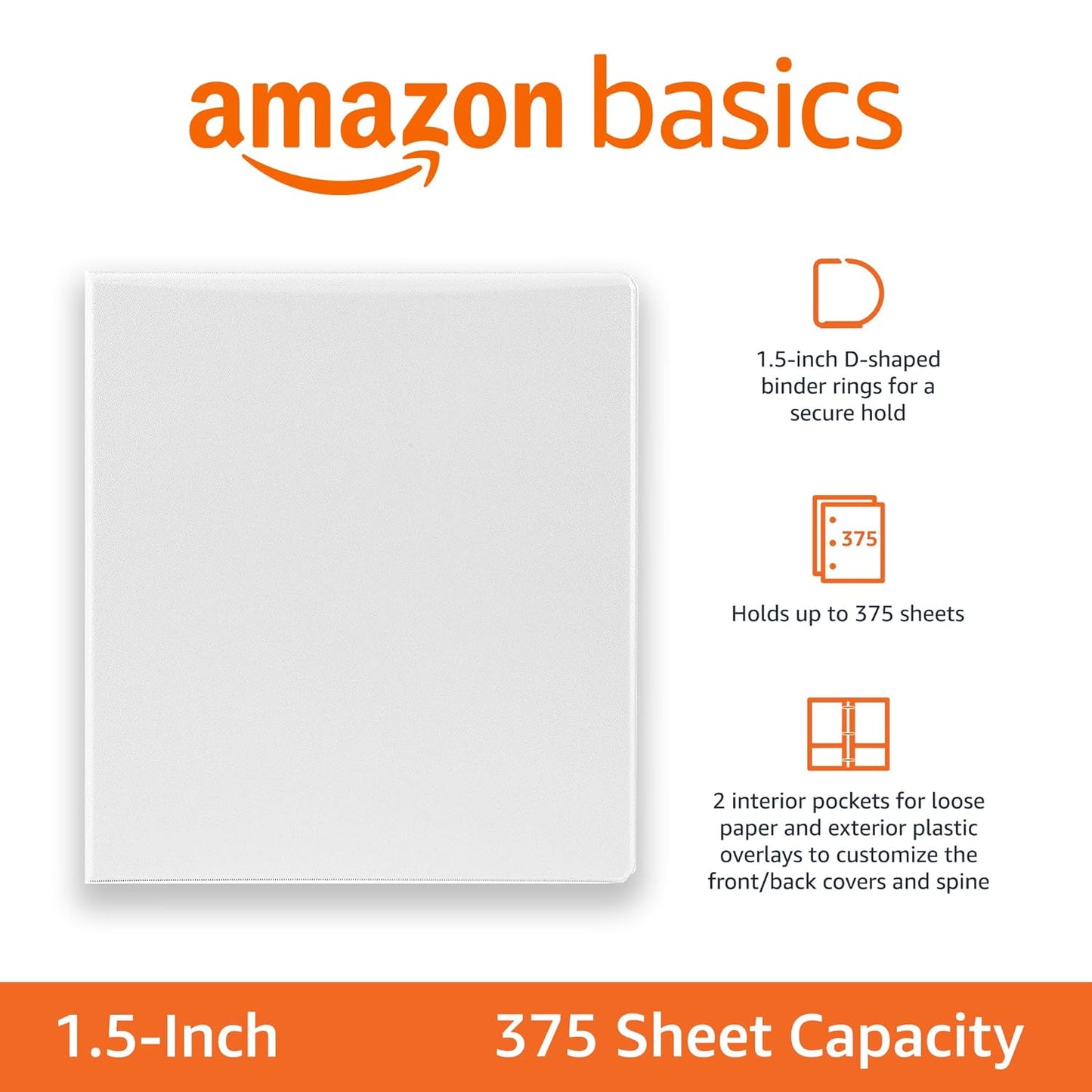 Amazon Basics 3 Ring Binders, 1.5 Inch, 4 Pack, D-Ring Organizer for School, Home Office, White