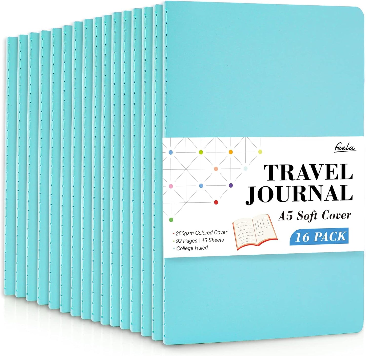 feela 16 Pack Soft Cover Journal Bulk, Lined Notebooks College Ruled for Work for Women Girl Writing, Blank Travel Journal Note Taking Notebook School Business Supplies, 8.2” x 5.5”, A5, Light Blue