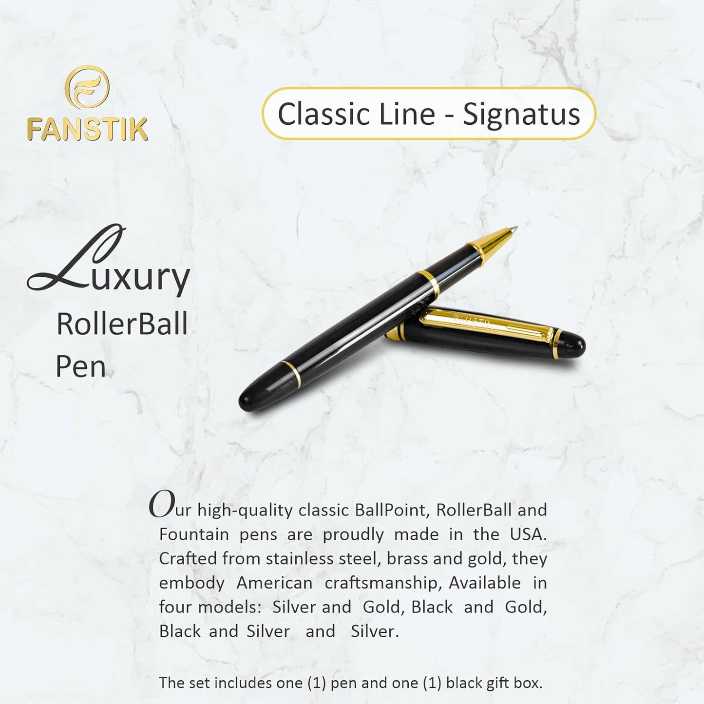 Customized RollerBall pen with name (MADE IN USA), stainless steel, black and gold, luxury engraved pen personalized for men and for women. (RollerBall Black-Gold)